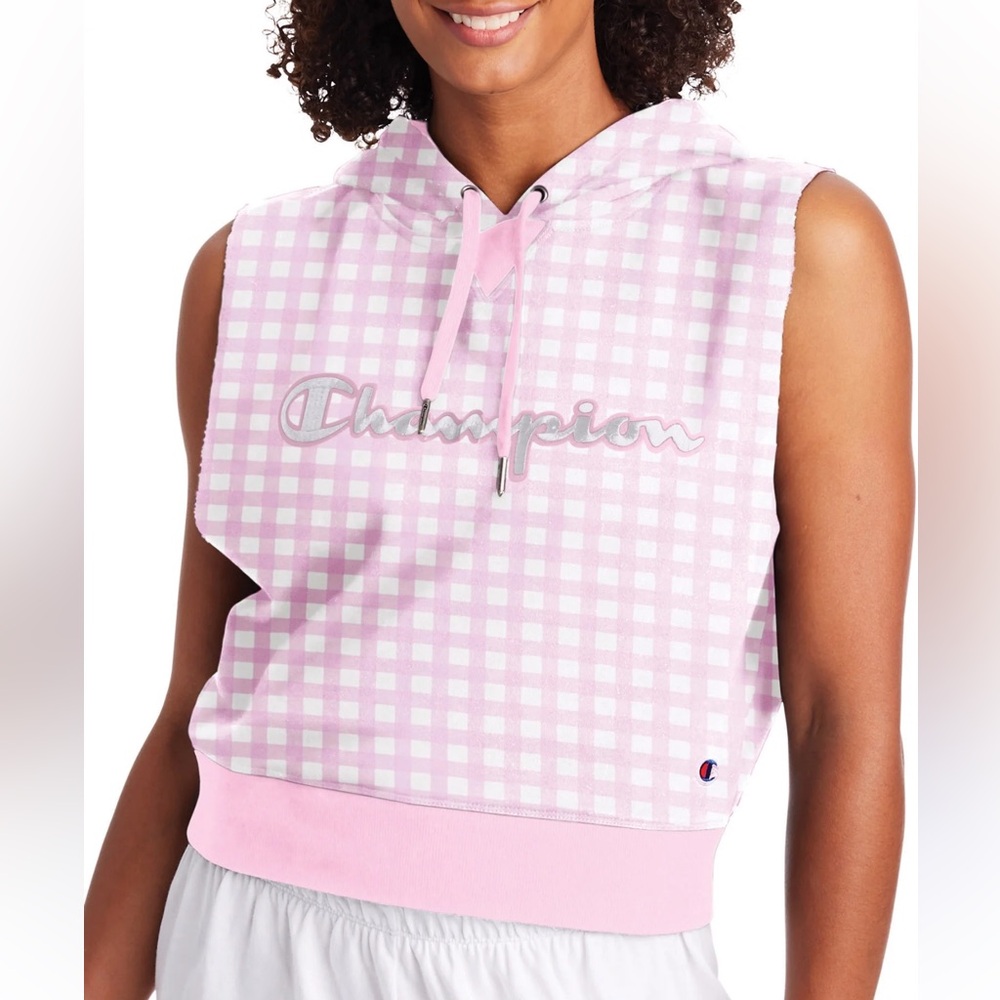 Champion‎ Campus French Terry Vest Hoodie Pink Gingham L